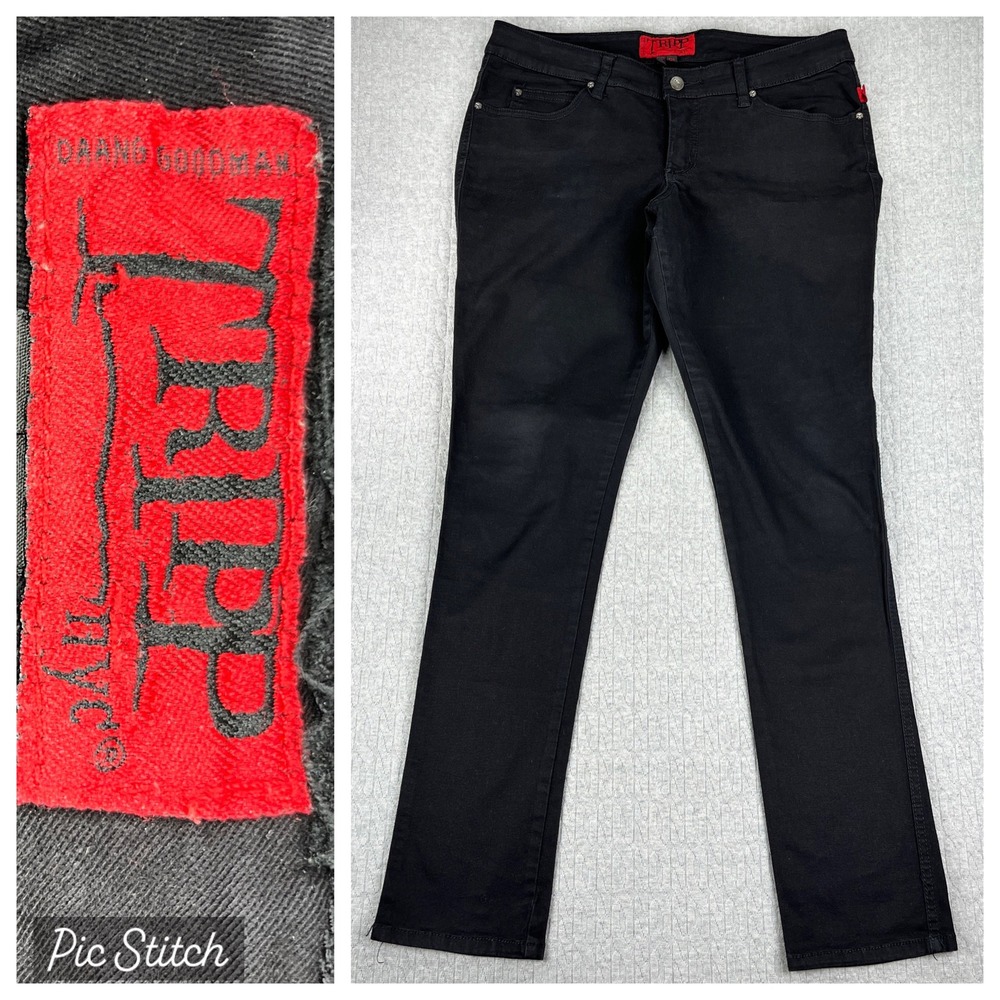 Tripp NYC Goth core death punk rock roll Pants Women 12/34X32 Black Skinny Skull
